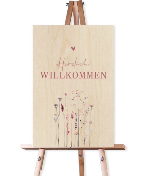 Florales Willkommensschild zur Hochzeit aus Holz mit Feldblumen 