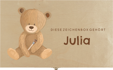 Personalisierte Zeichenkiste mit Namen und Teddy