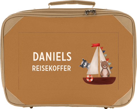 Kinderkoffer mit Namen und Grizzly und Waschbät auf Boot