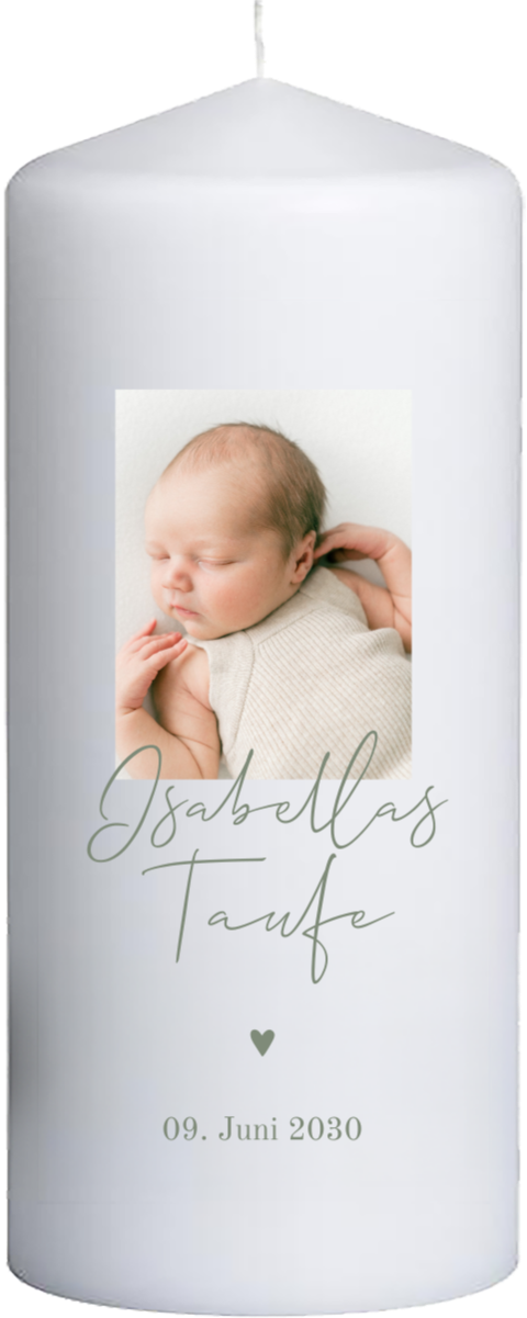 Taufkerze mit Foto und grüner Schrift - 20 cm hoch, 8 cm Ø