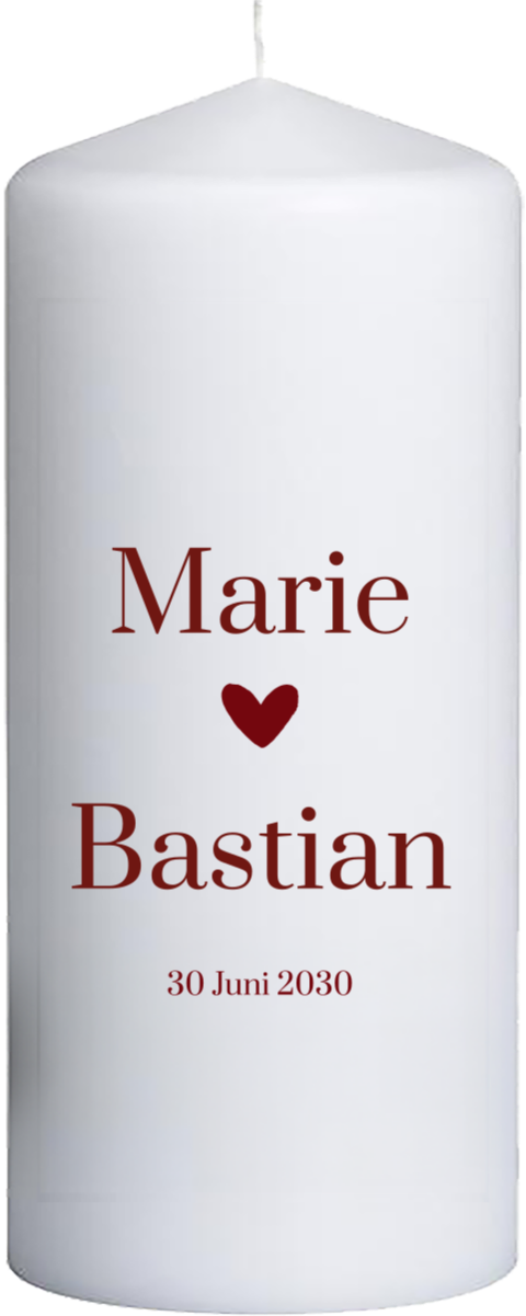 Hochzeitskerze mit Schrift und Herz in Cherry  20 cm lang, Ø8 cm