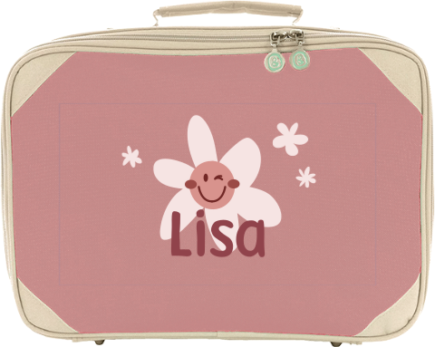 Schlichter Kinderkoffer mit lächelnder Blume und Namen
