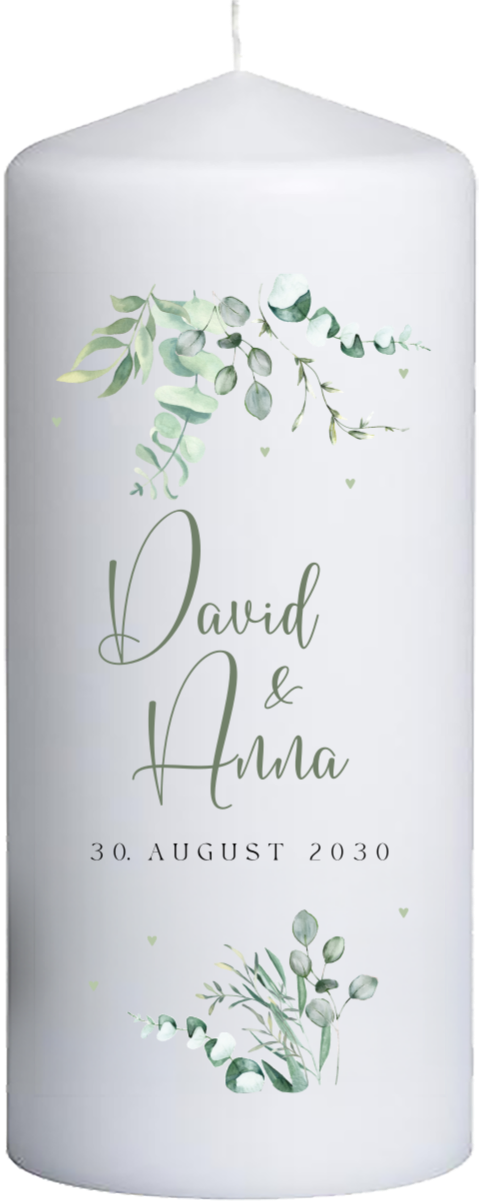 Hochzeitskerze Eukalyptus und Herzen mit Namen - 20 cm hoch, 8cm Ø