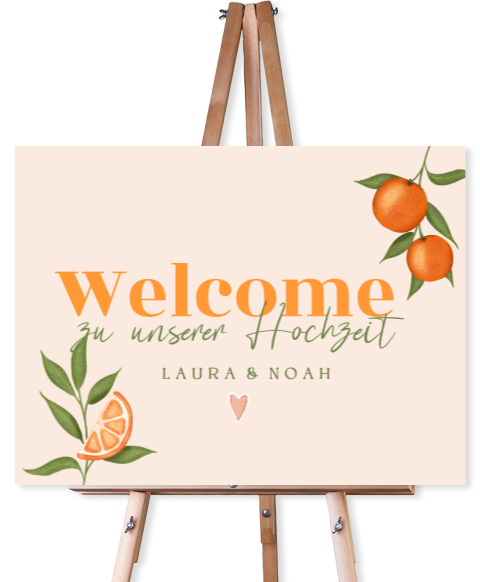 Willkommensschild im blassen Orange mit Orangenzweigen und Herz