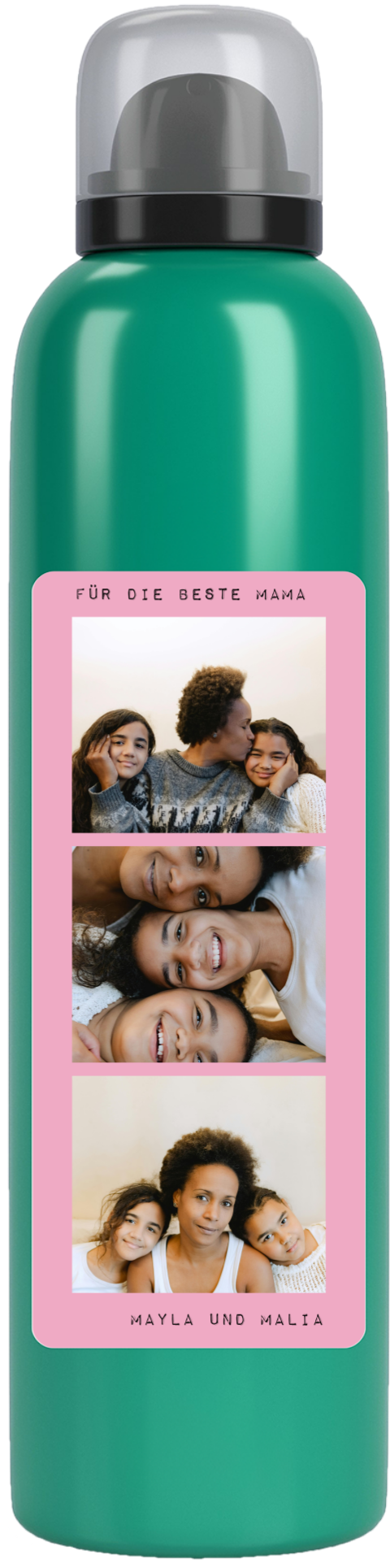 Personalisiertes Duschgel mit pinkem Etikett und Fotos für Mama