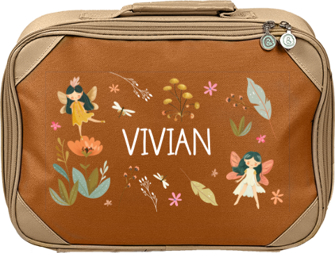 Bunter Reisekoffer für Kinder mit Namen und Feen in verwunschenem Wald