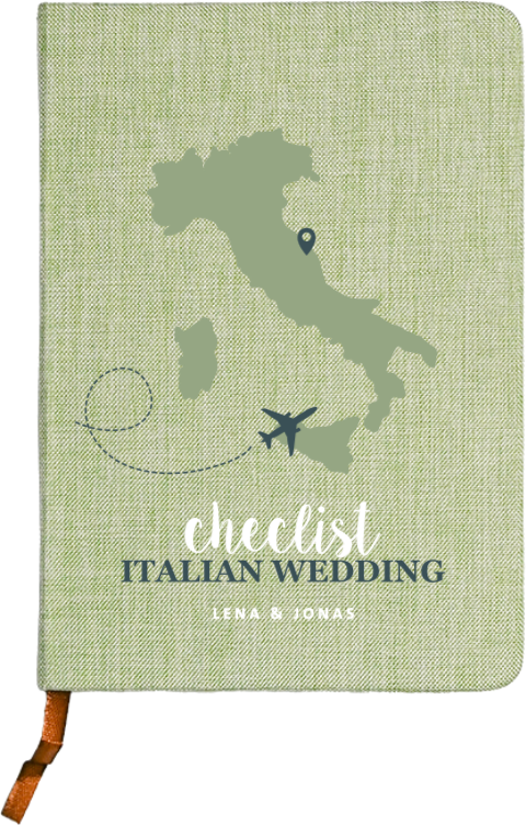 Leinen-Notizbuch zur Hochzeit mit Italienkarte und Flugzeug