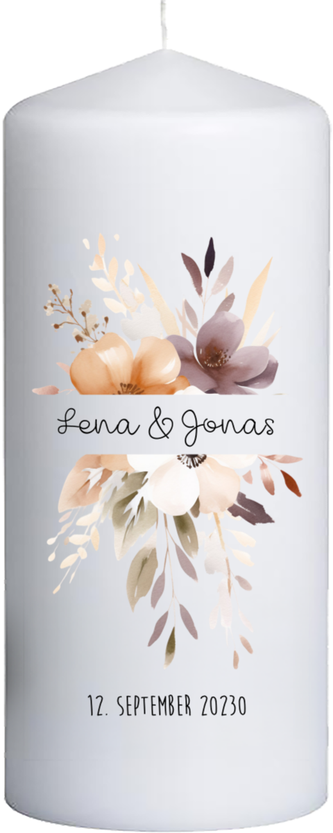 Hochzeitskerze mit herbstlichem Blumenstrauß – 20 cm hoch, 8 cm Ø