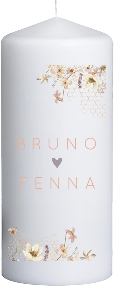 Hochzeitskerze mit floralen Feldblumen in Pastell – 20 cm hoch, 8 cm Ø