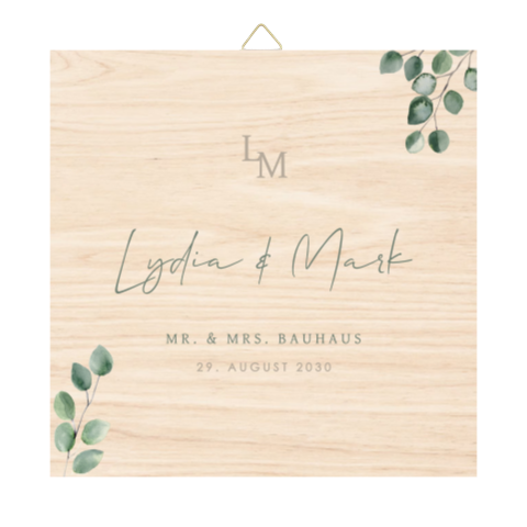 Holzfliese zur Hochzeit mit Aquarell-Eukalyptuszweigen