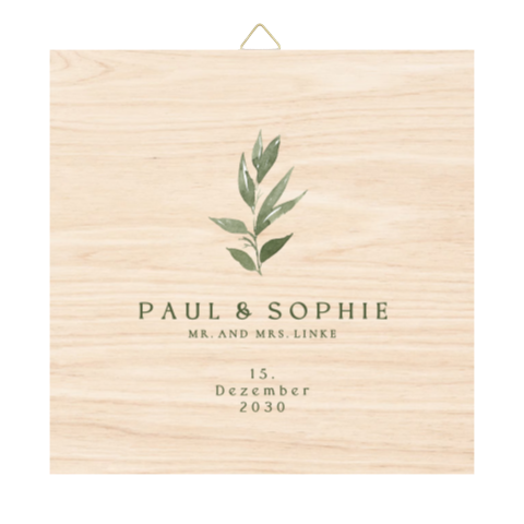 Holzfliese zur Hochzeit mit Aquarell-Zweig