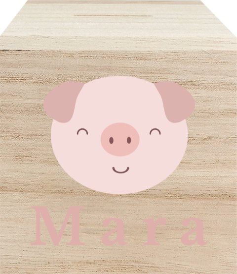 Spardose personalisiert aus Holz mit Namen und Schweinchen Motiv