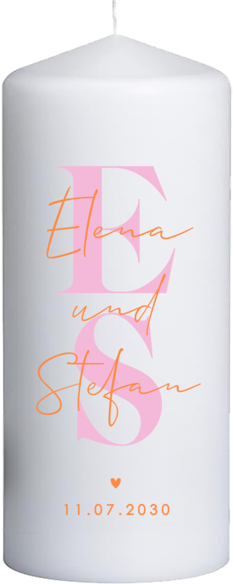 Hochzeitskerze mit Rosa-Orange und Namen - 20 cm hoch, 8 cm Ø
