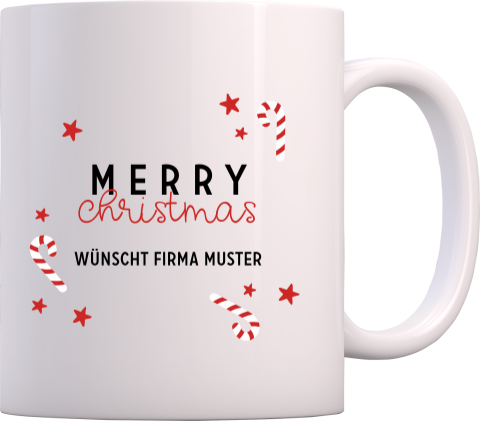 Tasse mit Zuckerstange, Sternen und Merry Christmas für Firmen