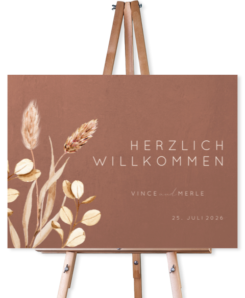 Willkommensschild mit Trockenblumen