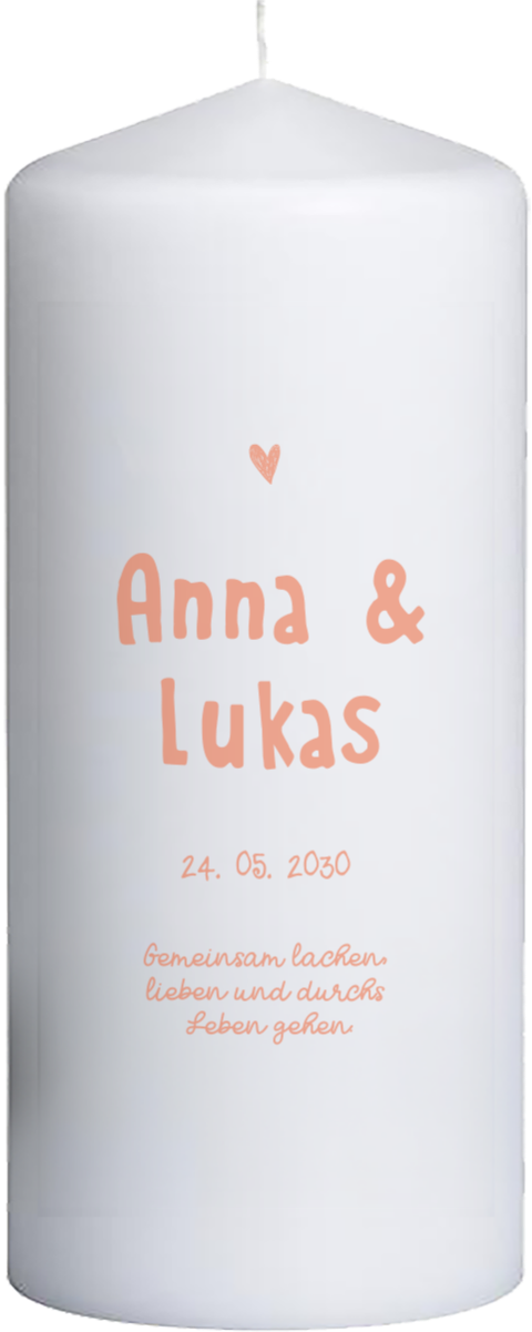 Hochzeitskerze mit Schrift und Illustrationen in Orange,  15 cm lang, Ø 6 cm