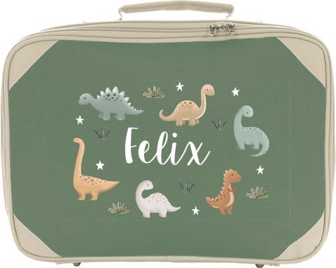 Schlichter Kinderkoffer mit vielen Dinosaurier, Sternen und Namen