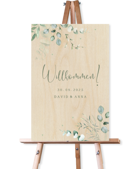 Willkommensschild zur Hochzeit mit Herzen und Eukalyptuszweigen Holz