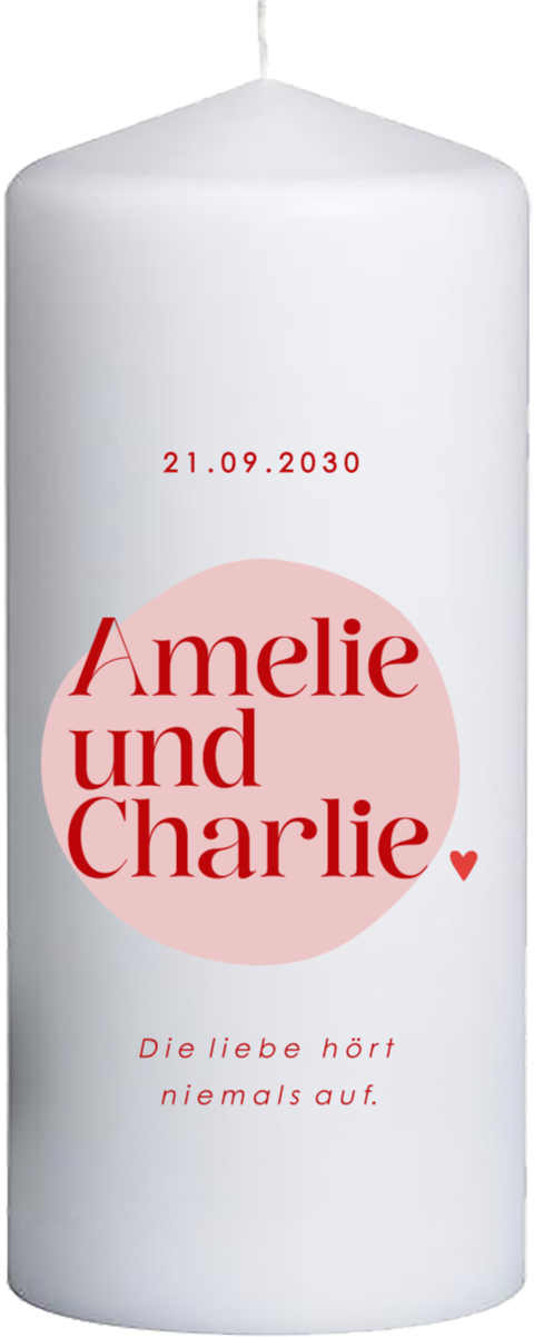 Hochzeitskerze mit Kreis, Herz, Namen und Datum - 20 cm hoch, 8 cm Ø