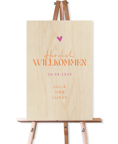 Color-Blocking Willkommensschild zur Hochzeit aus Holz mit Herz in Orange Hochformat