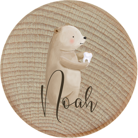Personalisierbare Zahndose aus Holz mit Bären Motiv und Namen