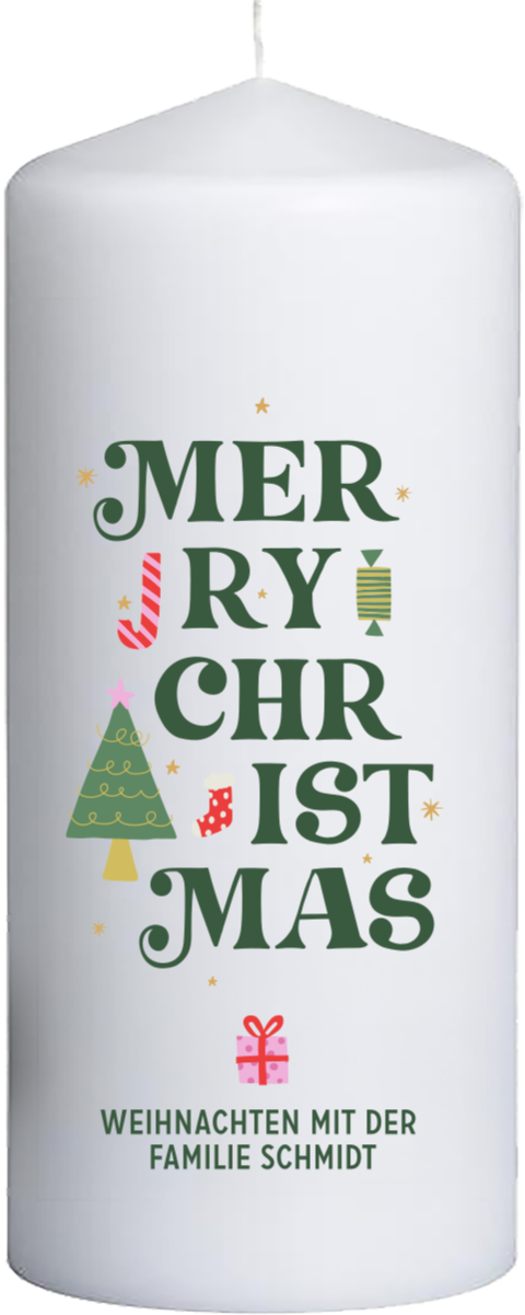 Weihnachts Adventskerze 'Merry Christmas' mit verspielten Icons