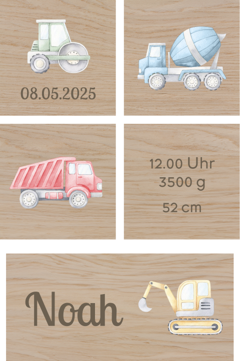 Personalisierbare Holzklötze mit Baustellen Motiv