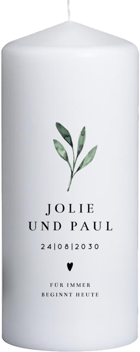 Hochzeitskerze mit Zweigendesign und Typografie – 20 cm hoch, 8 cm Ø