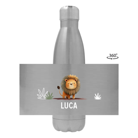 Trinkflasche aus Edelstahl mit Name und  niedlichem Löwen 