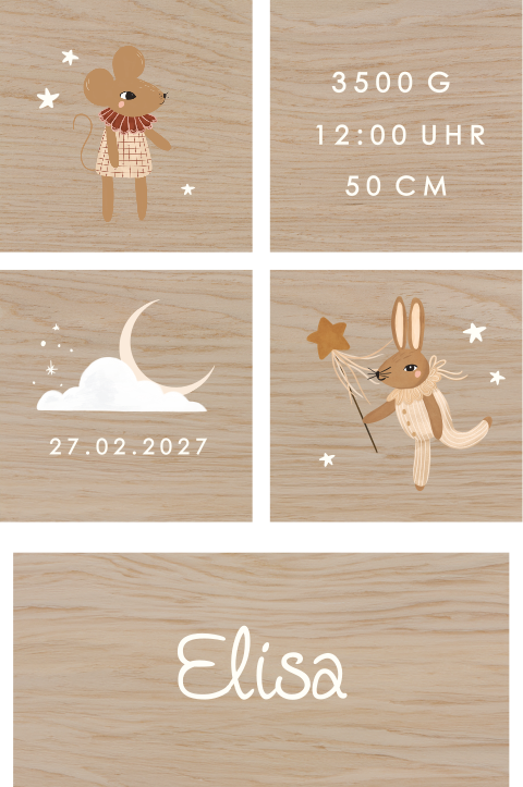 Holzklötze mit Namen und süßem Mäuse Motiv