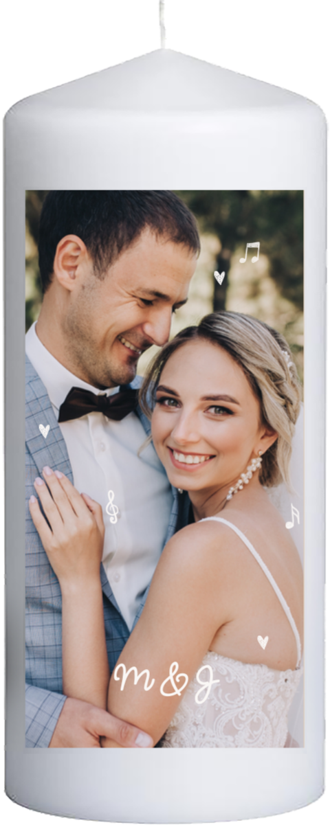 Hochzeitskerze mit Foto und blauer Schrift  15 cm lang, Ø6 cm