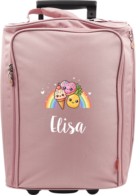 Personalisierter Trolley mit Regenbogen, Cartoon-Snacks und Namen