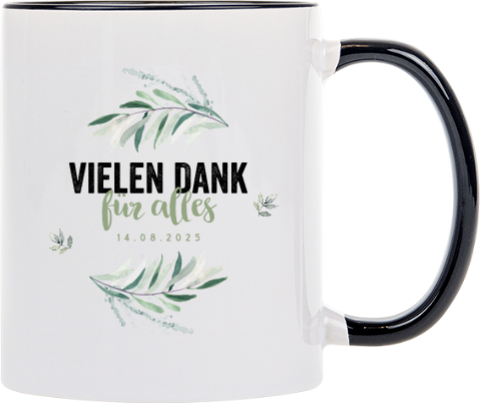 Botanische Tasse als Danksagung zur Hochzeit mit Eukalyptuszweigen