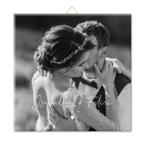 Hochzeitsfliese mit großem Foto und Herzchen