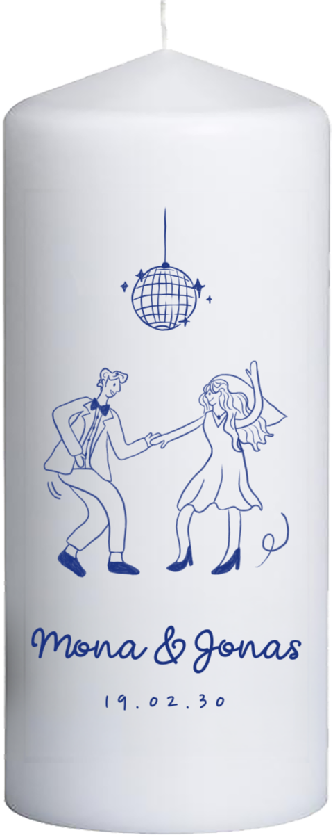 Hochzeitskerze mit Illustrationen in Blau 15 cm lang, Ø6 cm