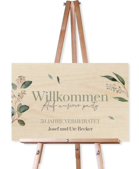 Willkommensschild zur Goldenen Hochzeit Holz mit Zweigen