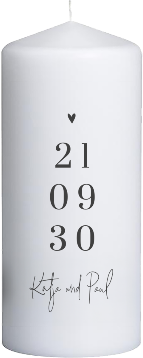Hochzeitskerze mit Herz, Datum und Namen - 20 cm hoch, 8 cm Ø