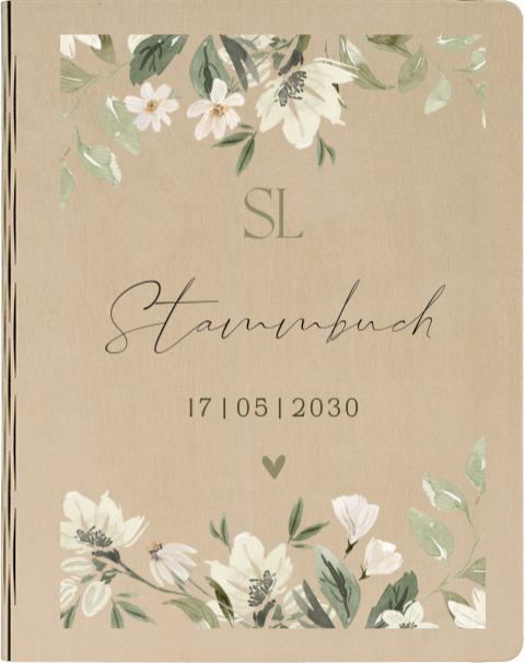 Stammbuch aus Holz zur Hochzeit mit stilvollen Blumen