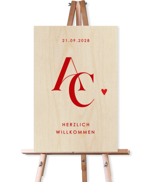 Modernes Willkommensschild zur Hochzeit aus Holz mit roter Typografie