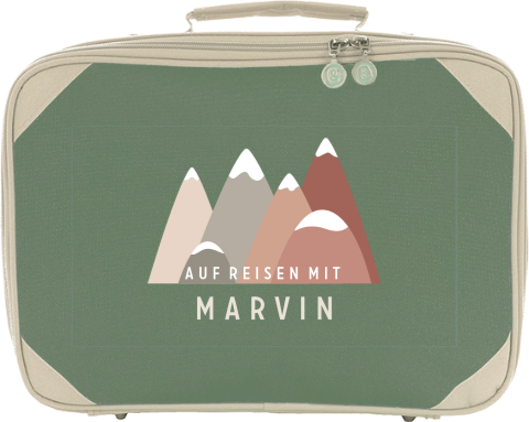 Stilvoller Kinderkoffer mit Namen und schneebedeckten Bergen