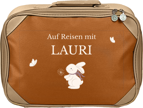Niedlicher Kinderkoffer mit Namen und Häschen und Schmetterlingen