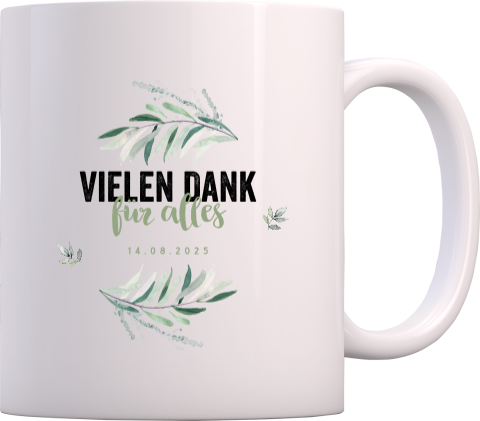 Botanische Tasse als Danksagung zur Hochzeit mit Eukalyptuszweigen
