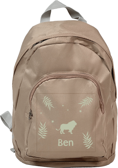 Moderner Kinderrucksack mit Namen, Zweigen und Löwen