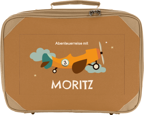 Kinderkoffer zum draufsetzen mit Namen und Flugzeug