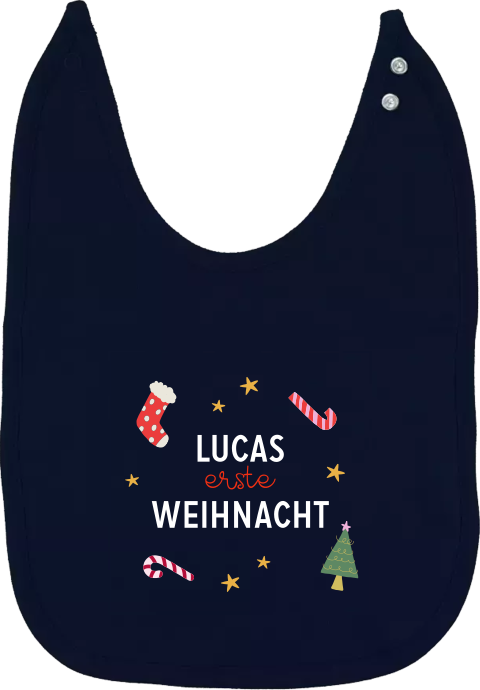 Meilenstein-Lätzchen mit Namen für Babys erstes Weihnachten mit Symbolen