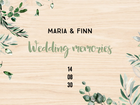 Erinnerungsbox Hochzeit mit Eukalyptuszweigen, verspielter Schrift