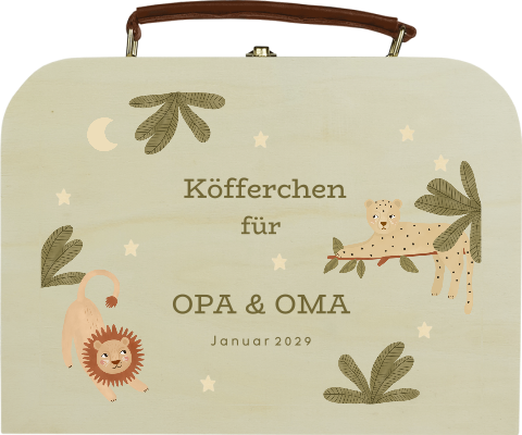 Kinderkoffer als Schwangerschaftsankündigung für Oma und Opa mit Dschungelthema