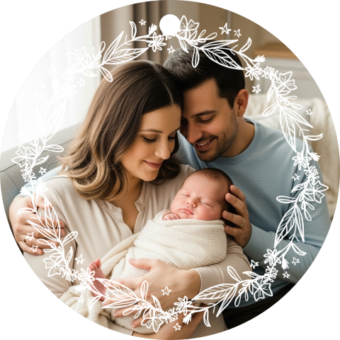Acryl Christbaumschmuck Babys erstes Weihnachten mit Foto und Blumenkranz
