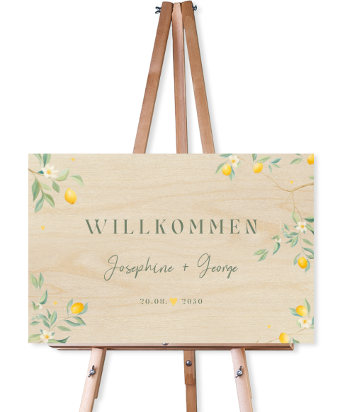 Mediterranes Willkommensschild zur Hochzeit mit Zitronen und Blüten