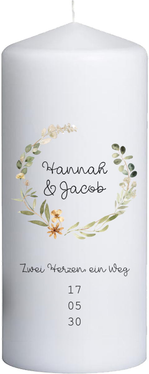 Hochzeitskerze mit Blumenkranz und Handschrift – 20 cm hoch, 8 cm Ø